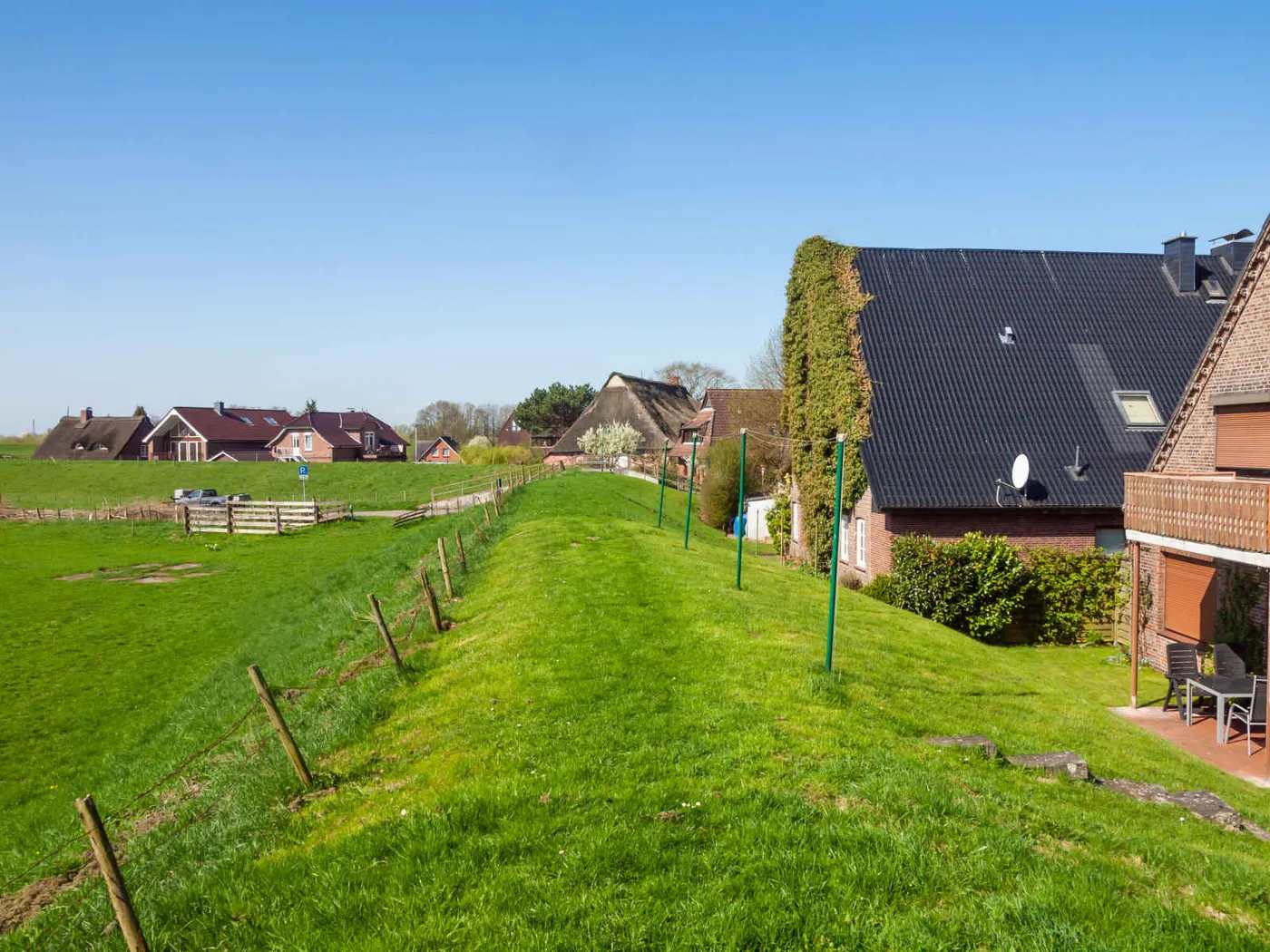 A long grassed embankment running between a fenced field and a row of houses, its side steep enough that the slope meets a garden fence part way down